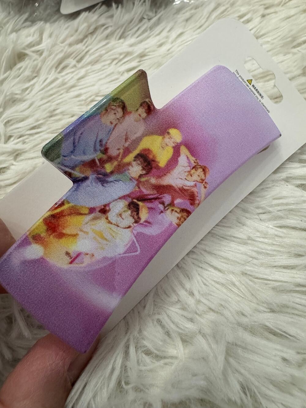 BTS Kpop Purple acrylic claw hair clip with graphic of the group posing
